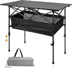 Folding Camping Table, Outdoor Roll-up Table Height Adjustable & Portable Metal Camp Grill Table for Picnic, BBQ, Party, Backyard, Beach, Mesh Storage and Carry Bag (Ash Black, 37.4'' Large)