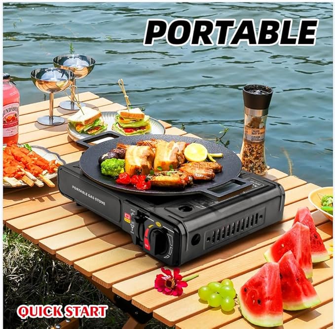 Butane Stove, Portable Camping Stove with Carry Case & Push-Button Starter, Includes Precise Temperature Control & 7,650 BTUs of Power for Camping, Tailgating, & More