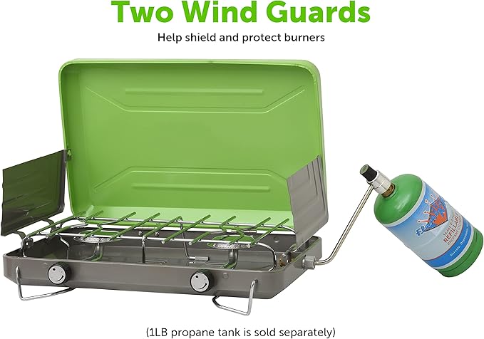 Flame King VT-101 2-Burner Portable Camping Stove Grill, Great for Outdoor Cooking, Backpacking, Compatible with 1LB Propane Gas Bottle