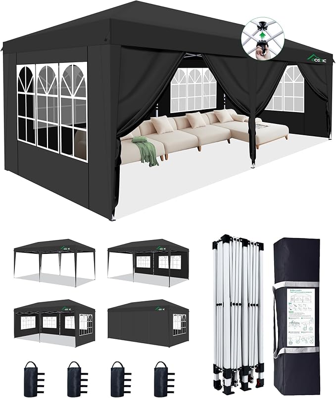 10x20 Pop Up Canopy with 6 Removable Sidewalls, 2 Central Lock Easy Set-up Outdoor Party Tent with Top Vent, Commercial Tent, Hand Bag x1, Sandbags x4, Stakes x8, Ropes x4 (Black, 10 * 20)