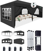 10x20 Pop Up Canopy with 6 Removable Sidewalls, Easy Set-up 2 Central Lock Outdoor Party Tent with Top Vent, Commercial Tent, Stakes x8, Ropes x4, Sandbags x4, Hand Bag x1(Black, 10 * 20)