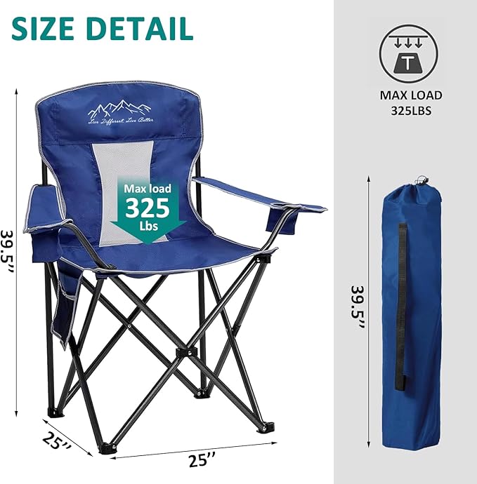 2PCS SAILARY Mesh Folding Camping Chairs, Oversized Portable Outdoor Chairs, Weight Capacity 325 lbs with Cup Holder, Storage Pocket, Carry Bag Blue