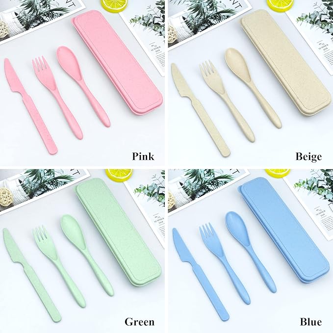 4 Sets Portable Utensils Set with Case, Travel Utensils Fork and Spoon Set for Lunch Box Accessories, Reusable Lunch Utensils Set for Work, Travel Accessories Camping Utensil Set and Home Use