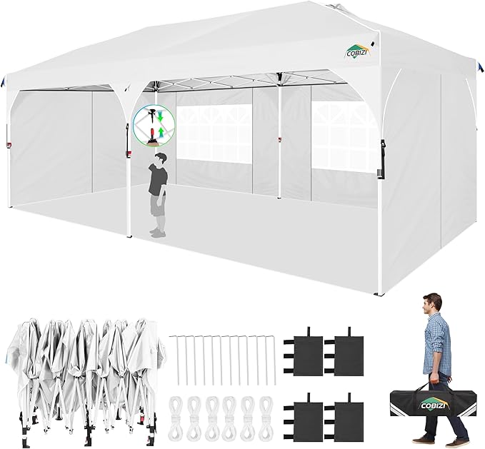COBIZI 10x20 Pop Up Canopy: Canopy Tent with Patented Center-Lock Tech | Quick-Setup,UV-Reflective & Detachable Walls | 210D Waterproof |3 Height Adjustments for Parties,Weddings,Outdoor Events(White)