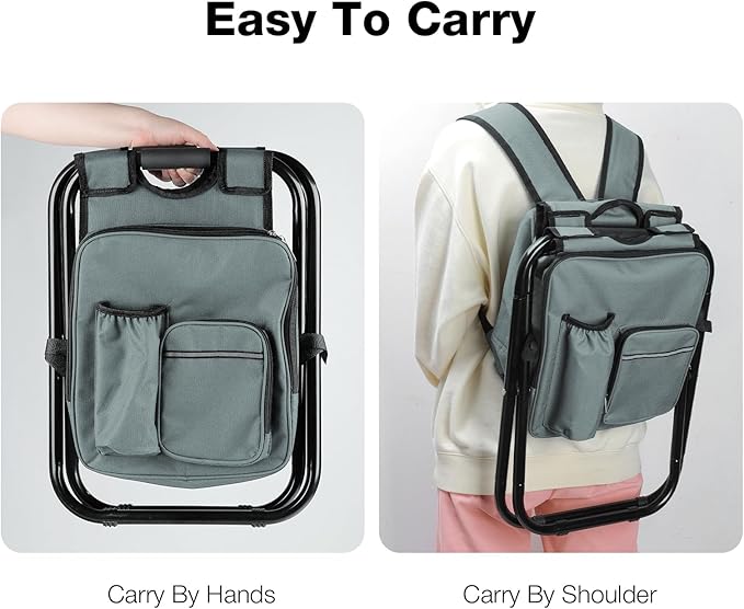 Portable Backpack Stool Cooler Chair for Adults, Folding Large 3 in 1 Multifunction Insulated Camping Seat Backpack Cooler Chair Heavy Duty 350lbs for Fishing Hunting, Gray