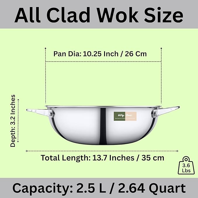 Stainless Steel Wok, Tri-Ply Pan for Stir-Frying, 10.25 Inch Steel Kadhai without Lid, All Clad Kadai Cookware For Stews, Sauces, Soups, Saute, Induction Friendly Wok (3.2 Qt / 3 Litres)