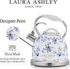 Laura Ashley China Rose Stovetop Kettle with Whistle - 2.5L Fast Boil Stainless Steel Kettle Stove Top - Silicon Coated Cool Handle Camping Kettle for Gas, Induction Hob - Compatible with Aga Stove