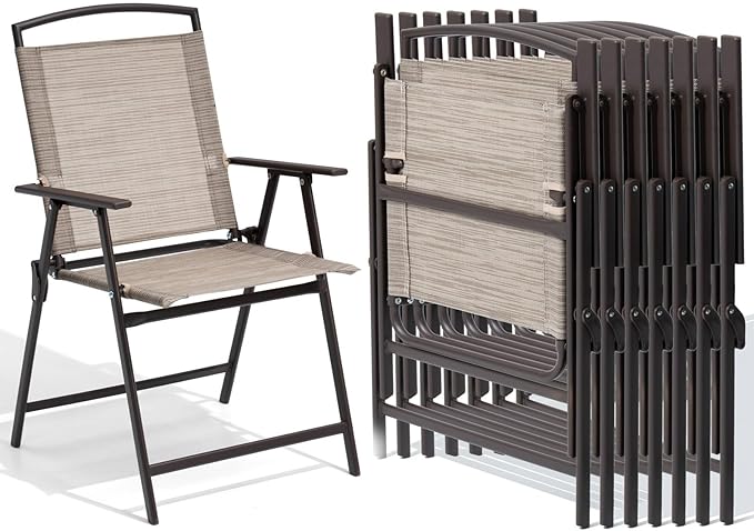 Crestlive Products Patio Folding Chairs Set of 8, Outdoor Folding Chairs with Durable Rust-Resistant Frame and Breathable Textilene Material for Outside, Beige