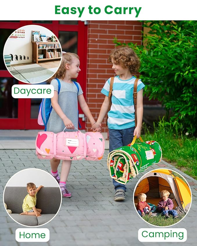 Toddler Nap Mat with Pillow and Minky Blanket, Large 55"x38" Sleeping Bag, Washable, Lightweight, Easy to Roll, Perfect for Preschool, Daycare, Kindergarten, Travel, Boys and Girls-Truck