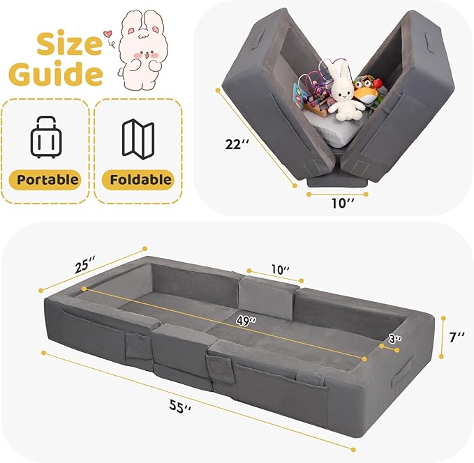 ENITYA Toddler Travel Bed – Portable Foldable Soft Foam Floor Bed for Kids 1–4yr, No Assembly, Washable Cover, Built-in Safety Rails, Compact for Travel & Home Use, Light Grey