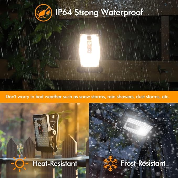 Clip On Solar Motion Lights Outdoor Waterproof, 800LM, 70 LED, 3 Color Temperature, USB & Remote Control, 4 Pack Portable Solar Powered Light Outside for Gutters Fence Garage Camping
