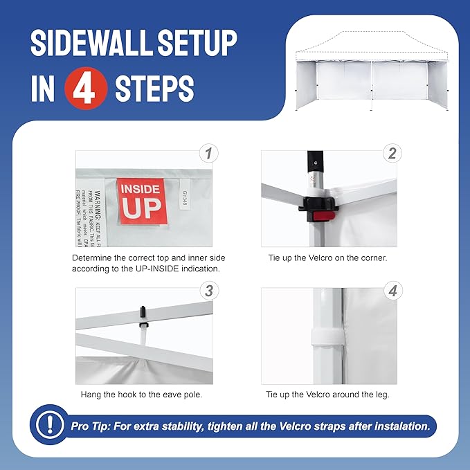 CROWN SHADES 10x20 Canopy Sidewalls (4pck) - Replacement Walls for 10x20 Gazebo, Event Shelter Accessories - White