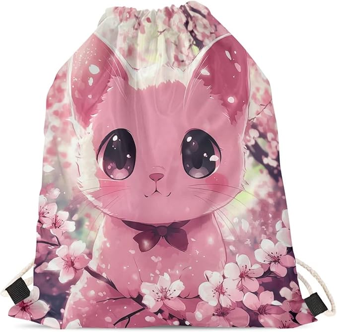 Upetstory Cherry Blossom Cat Drawstring Backpack Gym Sackpack Foldable Draw String Bag Lightweight Travel Storage Pouch Sports Gymsac PE Kit Bags for Outdoor Hiking Cycling Running Beach