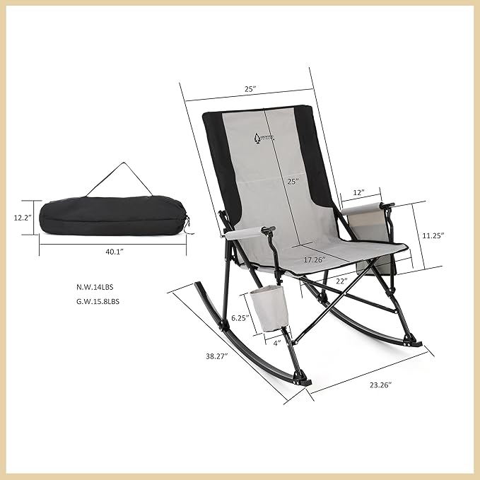ARROWHEAD OUTDOOR Foldable Rocking Camp Chair with Large Cup Holder, Side Pocket, Space-Saving Folding, Enhanced Swinging Rocker for Camping, Fishing, Patio