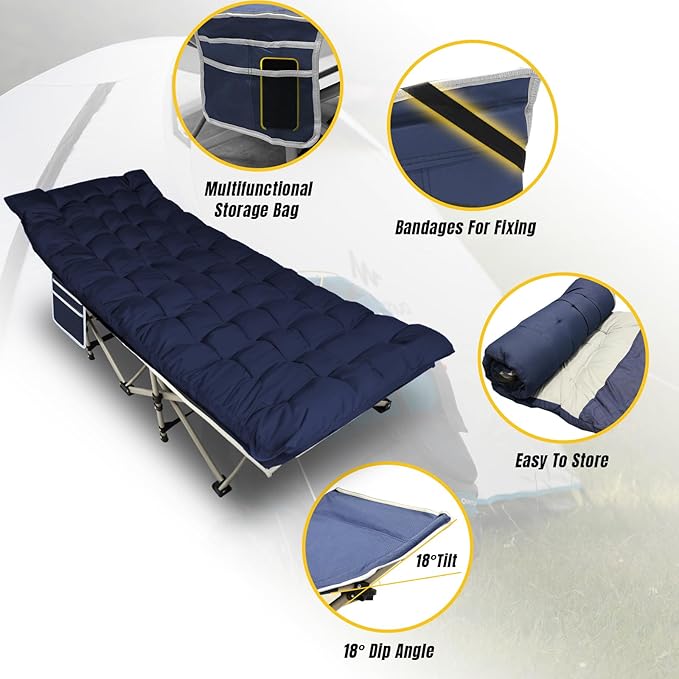 YELLOW JACKET Folding Camping Cot for Adults,600LBS Max Load,28" Wide Sleeping Cot with Removable Thick Mattress Portable Foldable Camping Bed with Carry Bag for Camp,Home,Office,Travel,Blue
