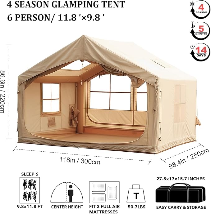Inflatable Tents for Camping, Large Inflatable Camping Tent with Hand Pump, Easy Setup Tents for 2/4/6/8/10/12 People, Portable Glamping Tent