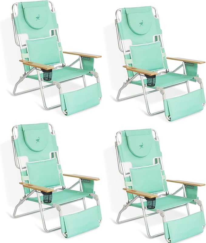 Ostrich Deluxe Padded 3-N-1 Lightweight Portable Adjustable Outdoor Folding Chair for Lawn Beach Lake Camping Lounge with Footrest, Teal (4 Pack)