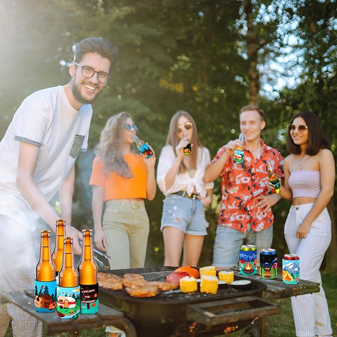 18 Pack Camping Can Cooler Sleeves Beer Drink Can Bottle Cooler Collapsible for Camp Themed Bachelorette Party Wedding Birthday Decorations Office Bar Supplies Favors