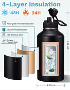 64 OZ Insulated Water Bottles with Straw & Spout Lids, Waterbottle Carrier with Strap, Protective Boot & Paracord Handle, Half Gallon Water Bottle 64oz Stainless Steel Water Canteen for Sports Gym