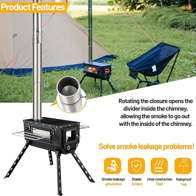 Tent Stove AVOFOREST Wood Stove with Tall Feet,Portable Hot Tent Stove with 6 Stainless Chimney Pipes for Outdoor & Cooking, Ice Fishing, Hunting