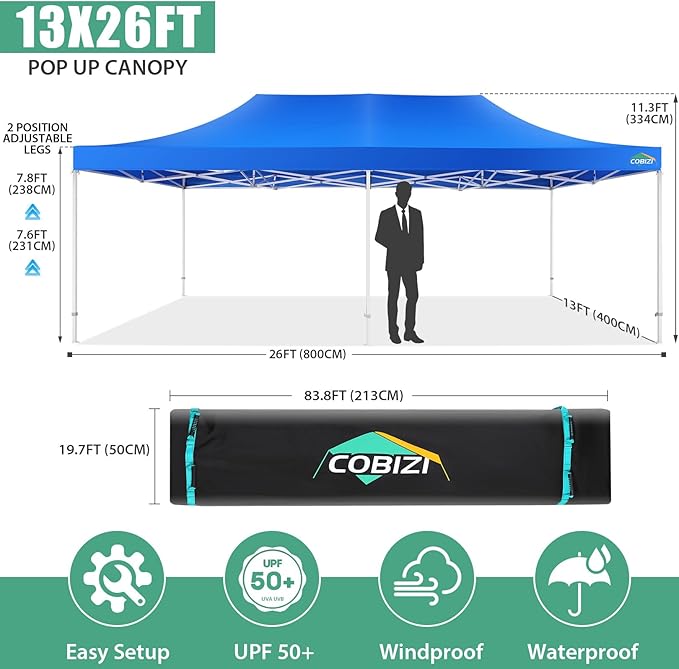 COBIZI 13x26 Heavy Duty Pop Up Canopy with 6 Sidewalls Party Tent Outdoor Wedding Large Event Tent with Roller Bag for Garden Lawn Waterproof UPF 50+ Easy Up, Blue (Framework Upgraded)