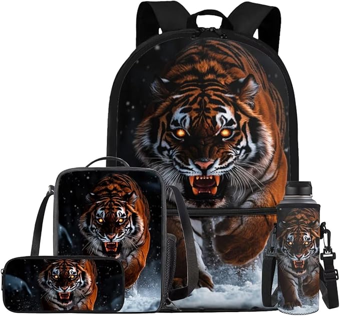 Tiger Elementary School Backpack for Boys with Lunchbox Bottle Pocket and Pencil Case 17" Cool Backpacks for Boys Kids Bookbags Lightweight School Bag for Students Hiking Daypacks