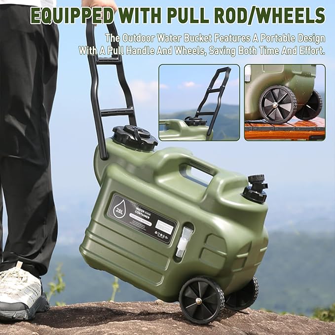 7.4 Gallon Water Jug, 28L Portable Water Container with Wheel & Pull Handl, Spigot, Cleaning Brush, Detachable Hose & Extra Lid, BPA-Free Camping Hydration Canteen, Outdoor Tank Storage PE - Green