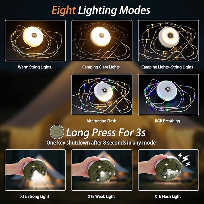 2-Pack Camping String Lights, 4 in 1 Portable Camping Light Rechargeable, 8 Lighting Modes, USB Charging, Quick Storage, 32.8FT Waterproof Tent Lights String for Camping, Hiking, Yard, Christmas