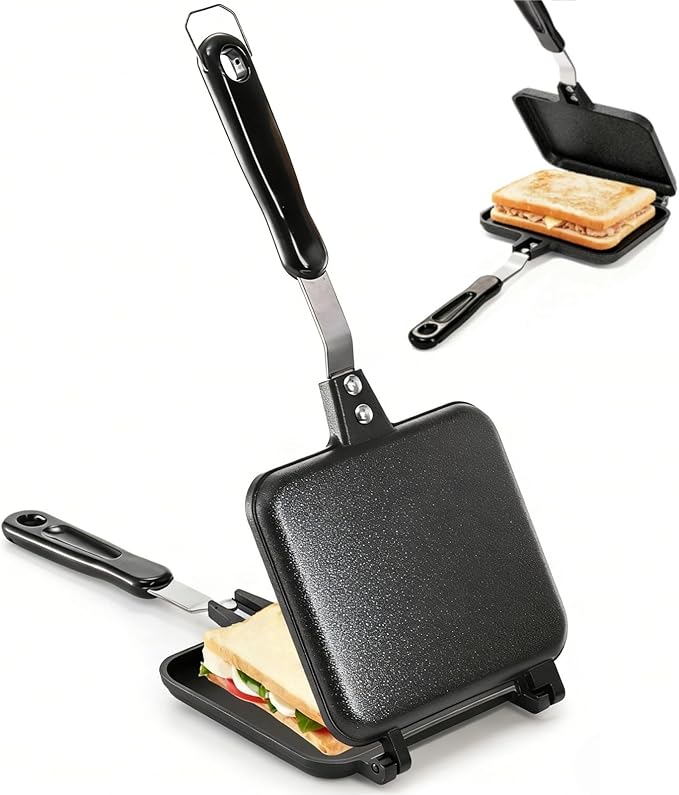 Hot Sandwich Maker, Grilled Sandwich Toaster for Small Bread Pancake, Double Sided Non-Stick Frying Pan, Stovetop Sandwich Grill Press Flip Pan for Camping Kitchen (Inside 5.4" L x 4.7" W)