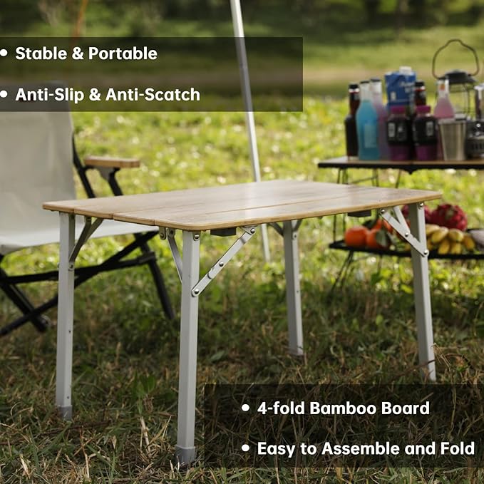 KingCamp Adjustable Height Folding Table, 4-Fold Bamboo Camping Outdoor Portable RV Camp Table with Carry Bag for Outdoor Car Backyard Picnic Tailgating Beach