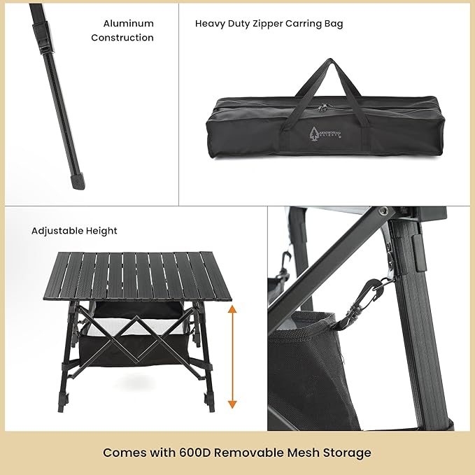 ARROWHEAD OUTDOOR 39" Aluminum Folding Camp Roll Up Table w/Adjustable Height, Undertable Mesh Storage, Carry Bag
