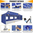 HOTEEL 10x30 Heavy Duty Pop Up Canopy Tent with 5 Sidewalls&Wheeled Bag, Commercial Event Party Tent Wedding Instant Canopy Waterproof, Upgraded Thicked Hexagonal Legs, UV 50+, Deep Blue