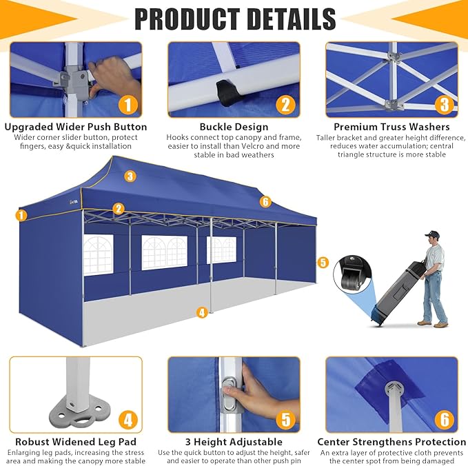 HOTEEL 10x30 Heavy Duty Pop Up Canopy Tent with 5 Sidewalls&Wheeled Bag, Commercial Event Party Tent Wedding Instant Canopy Waterproof, Upgraded Thicked Hexagonal Legs, UV 50+, Deep Blue