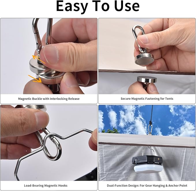 Heavy Duty Magnetic Clips with Carabiner, 8-Pack (4 Pairs) | 40LB Strong Silver Neodymium Magnets for Tent, Awning, RV & Cruise Cabin | No Drill Hooks, Camping Essentials & Tent Accessories
