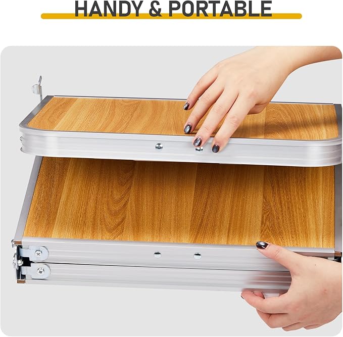 Tri-fold Folding Picnic Table,Outdoor Camping Table Lightweight Portable Aluminum Outdoor Table with Adjustable Heights with Carry Handle,for Outdoor Indoor Hiking Camp BBQ Beach (Wooden, 3ft)