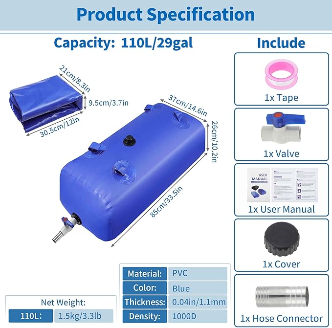 110 L/29 gal Water Bladder Storage Container Large Capacity Foldable Portable Water Tank Urgency Water Bladder Soft Water Bag RV Camping Garden Watering Field Irrigation 1000D