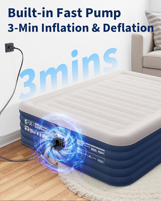 KINGJERRY Queen Air Mattress with Built-in Pump, 18" Raised Comfort Inflatable Mattress with Leak-Proof Air Chamber, 800 lbs Heavy-Duty Support, Thick & Durable Blow Up Bed for Home, Guests & Camping