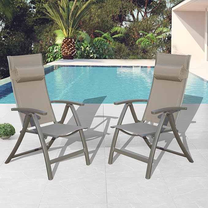 Domi Patio Outdoor Sling Chairs Set of 2 with Moveable Headrest, Folding Chairs Outdoor Reclining Camping Chairs with Armrest Adjustable High Backrest