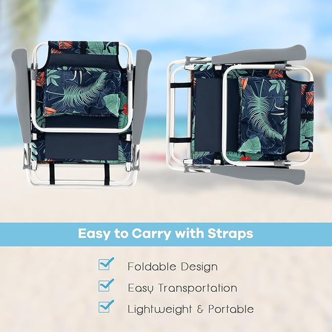 Goplus Beach Chair, Folding Backpack Beach Chairs for Adults with 5 Positions, Head Pillow, Cooler Bag, Towel Bar, Cup Holders, Sunbath Sling Tanning Lounge, Foldable Layout Camping Chairs