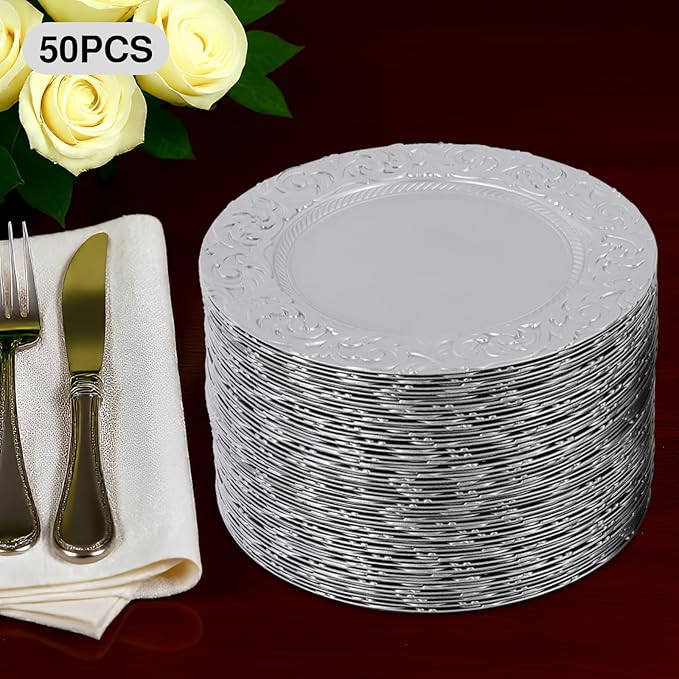 50 Pcs Silver Charger Plates Bulk, 13" Round Plastic Embossed Charger Plates, Decorative Table Dinner Chargers for Thanksgiving, Halloween, Wedding, Party, Christmas, Decor (Silver)