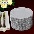 50 Pcs Silver Charger Plates Bulk, 13" Round Plastic Embossed Charger Plates, Decorative Table Dinner Chargers for Thanksgiving, Halloween, Wedding, Party, Christmas, Decor (Silver)