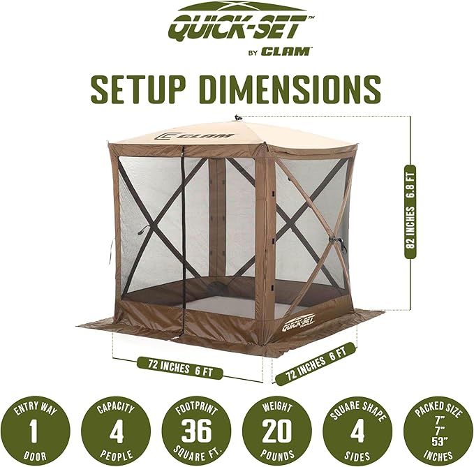 CLAM Pop Up Screen Tent, Outdoor Camping Gazebo Canopy, Traveler, 6' x 6', Brown