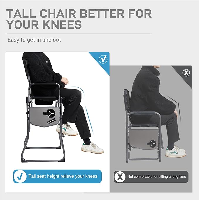 EVER ADVANCED Portable 30.7" Seat Height Tall Folding Camping Chair Directors Chair High Foldable Bar Stool with Side Table for Makeup Artist, Sports Event, Craft Show, Supports 350LBS