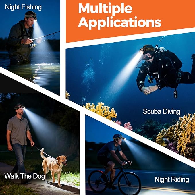 Rechargeable Diving Headlamp, IPX8 Waterproof Underwater Flashlight, 4 Modes with Battery Level Indicator,10H Runtime Scuba Dive Light with Battery & USB Charger Cable (Mode 301 White Light)