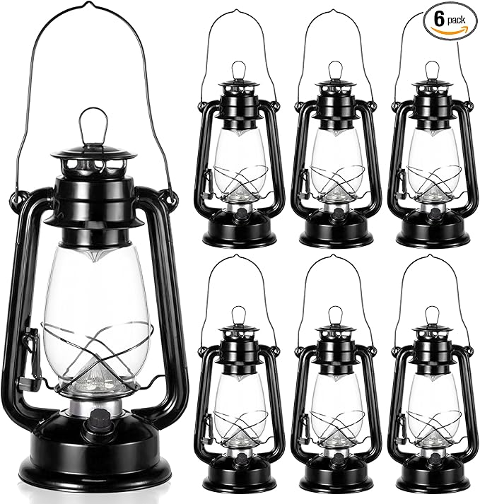 Hortsun 6 Pcs 12 Inch Vintage LED Hurricane Lantern Metal Black Outdoor Battery Operated Hanging Lantern with Warm LEDs and Dimmer Switch for Indoor Rustic Farmhouse Country Camping Decor