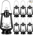 Hortsun 6 Pcs 12 Inch Vintage LED Hurricane Lantern Metal Black Outdoor Battery Operated Hanging Lantern with Warm LEDs and Dimmer Switch for Indoor Rustic Farmhouse Country Camping Decor