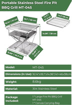 CAMPINGMOON 3 in 1 Flatpack Portable Fire Pit Grill 14 inch Foldable Stainless Steel Wood Burning Camping Stove Adjustable Height Overlanding Outdoor Cooking RV Trips Carry Bag included MT-045