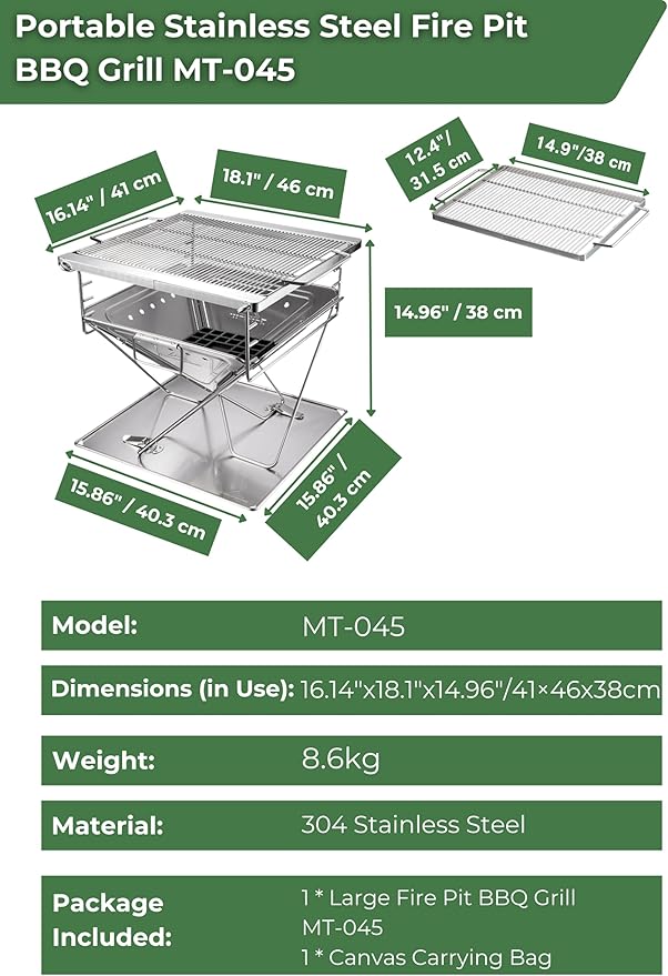 CAMPINGMOON 3 in 1 Flatpack Portable Fire Pit Grill 14 inch Foldable Stainless Steel Wood Burning Camping Stove Adjustable Height Overlanding Outdoor Cooking RV Trips Carry Bag included MT-045