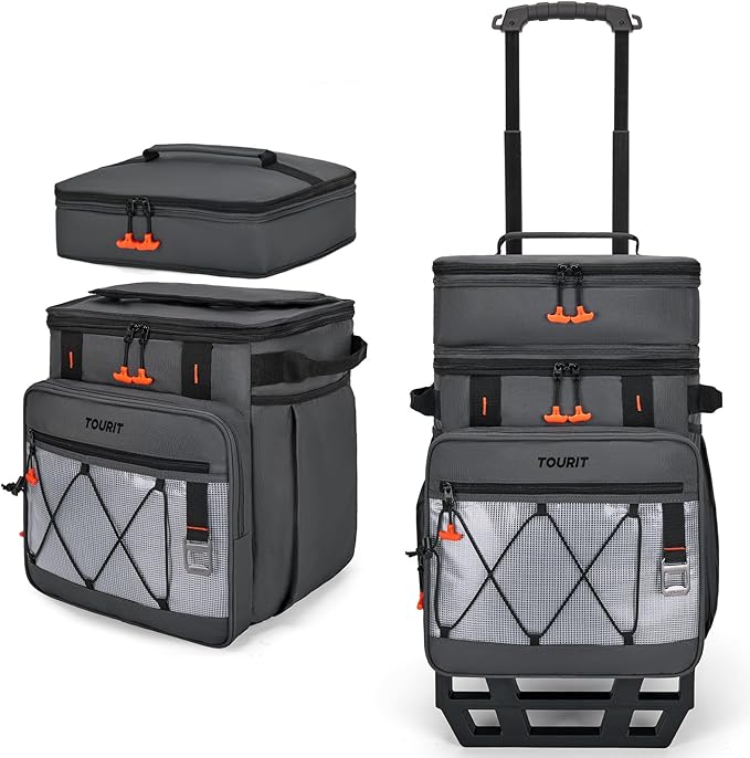 TOURIT 75 Can Insulated Rolling Cooler, Detachable Double Deck Beach Cooler with Wheels, Collapsible Soft Sided Cooler Bag for Beach, Camping, Picnic, Travel, Shopping