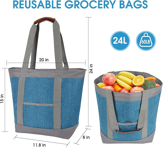 Insulated Cooler Bag, Reusable 30 Cans Insulated Bag, Soft Portable Grocery Bags for Shopping Food Travel Beach Camping